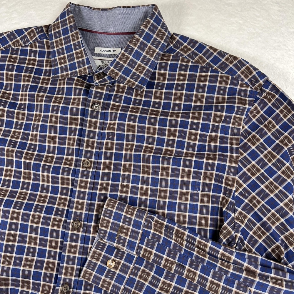 Jos. A. Bank 1905 Shirt Mens Large Blue Brown Plaid Modern Fit Button Up - Picture 1 of 7